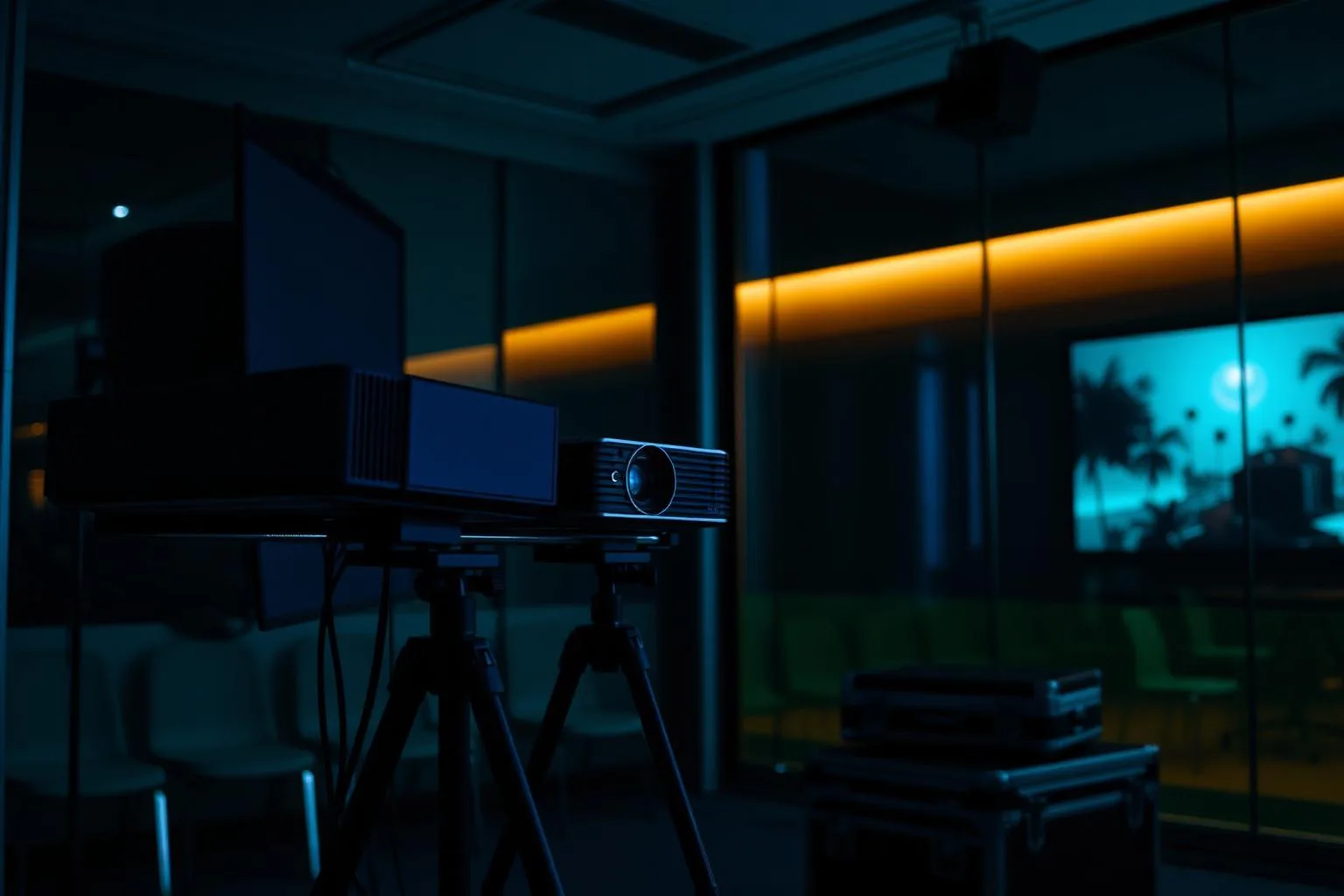Illustrative generated image of hire projectors on tripods with screens and flight cases