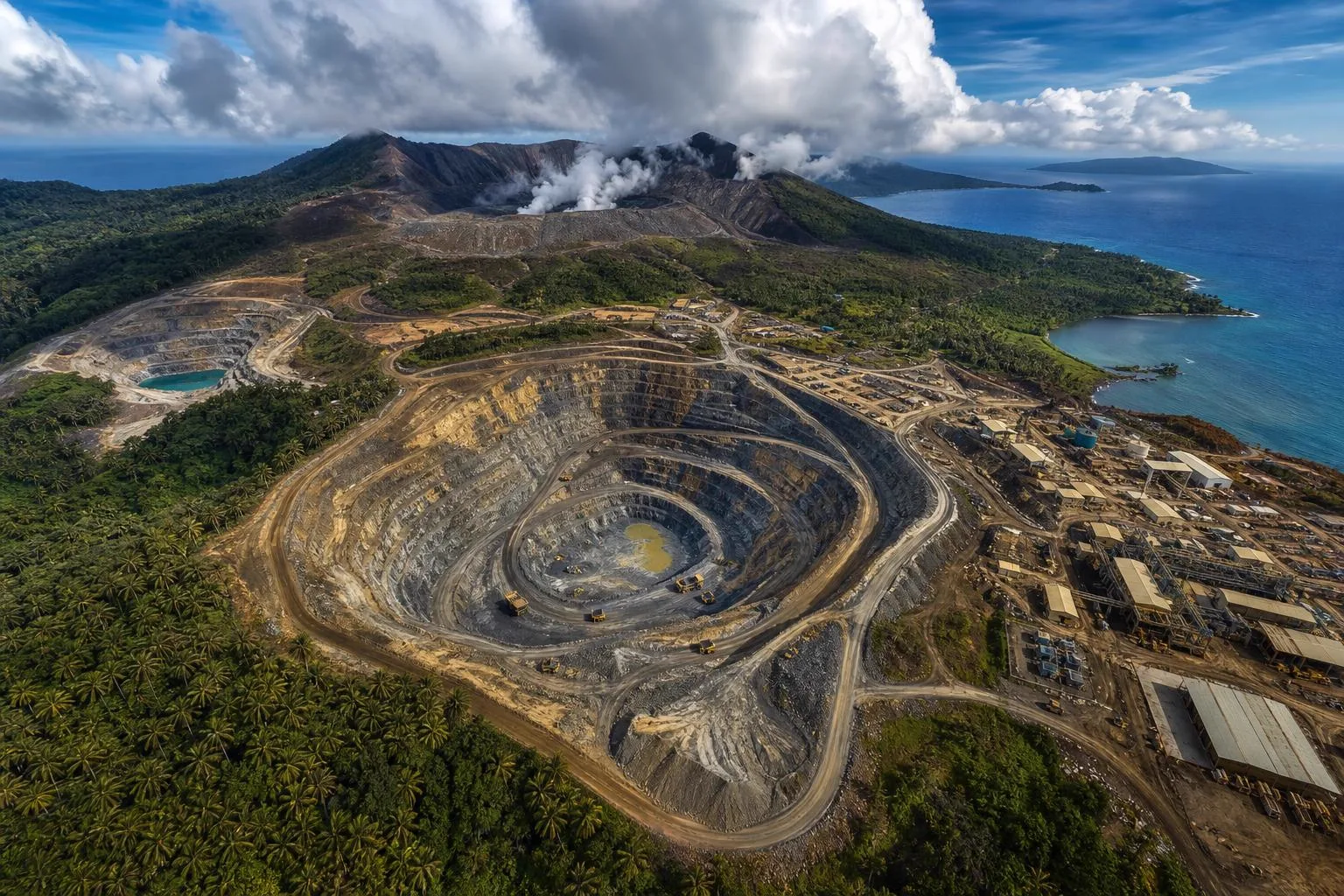 Illustrative generated aerial image of an open-pit gold mine on a tropical island