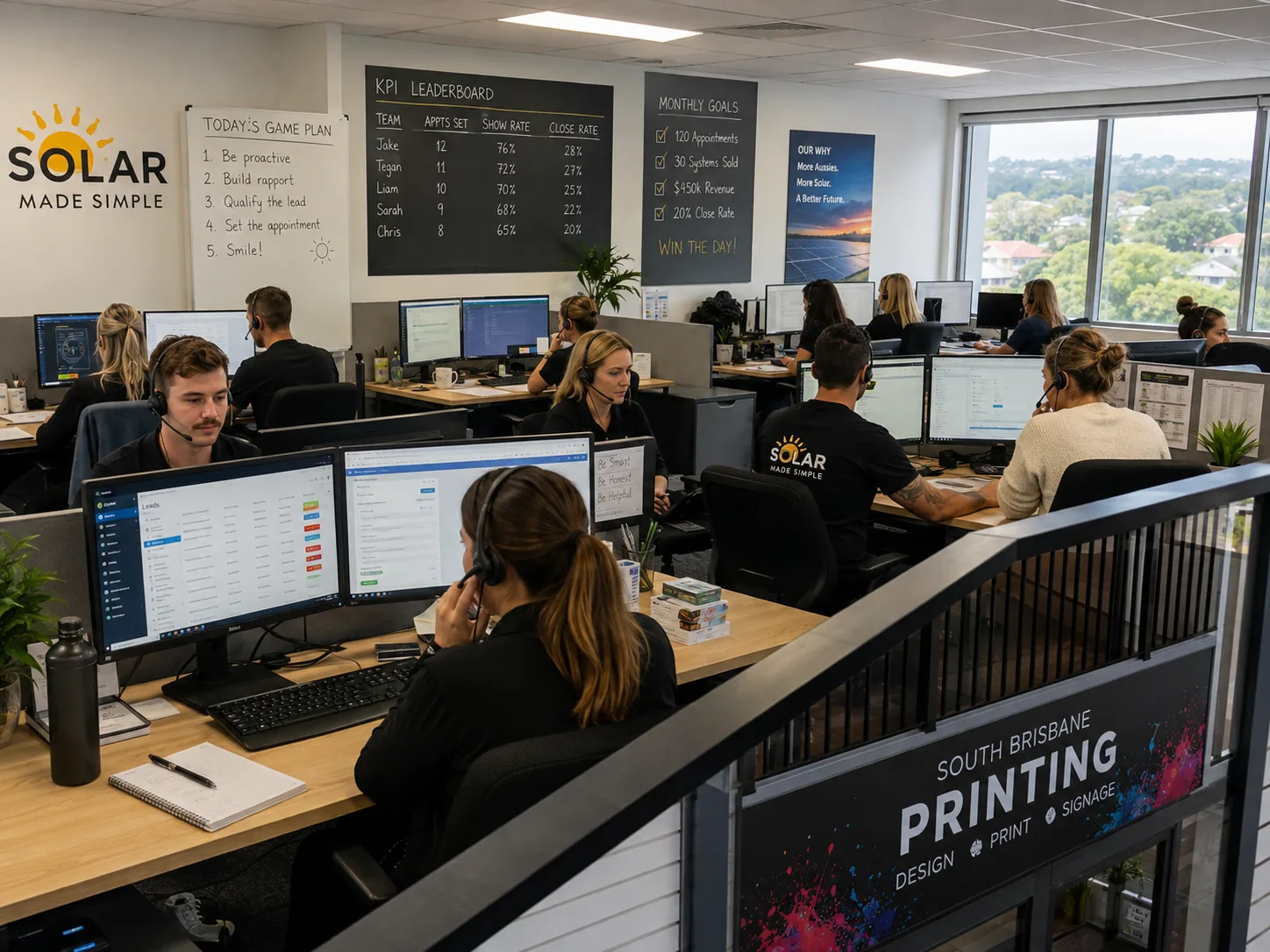 Illustrative generated image of a solar call centre with staff working on headsets