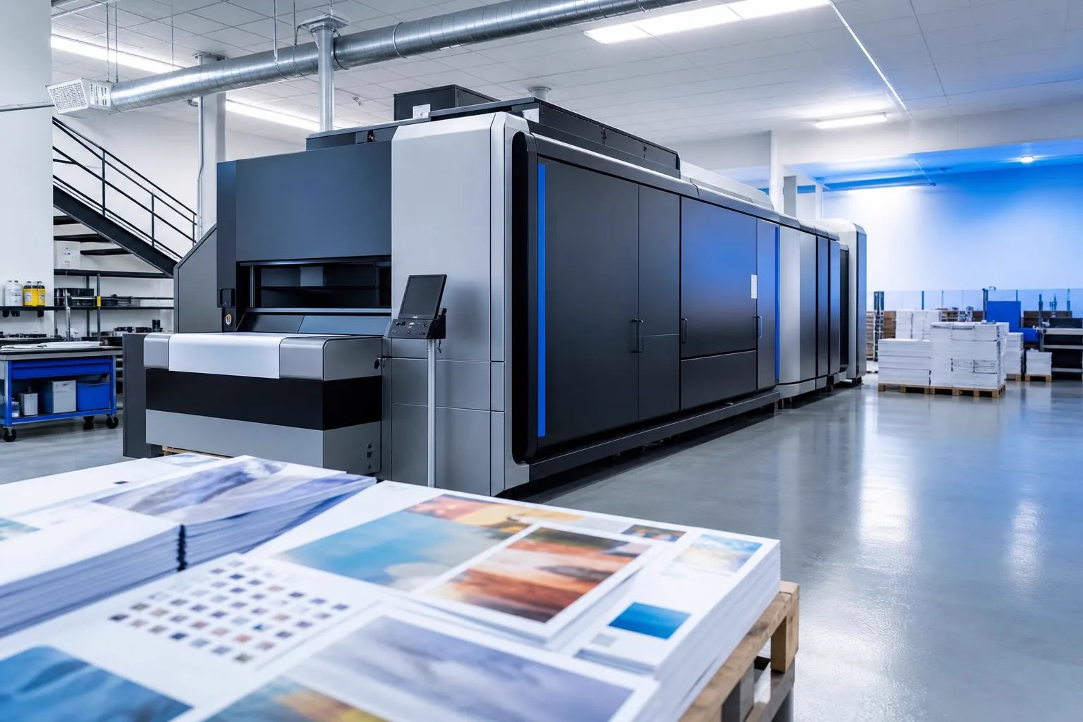 Illustrative generated image of a commercial print production floor with a large printer and stacks of printed sheets
