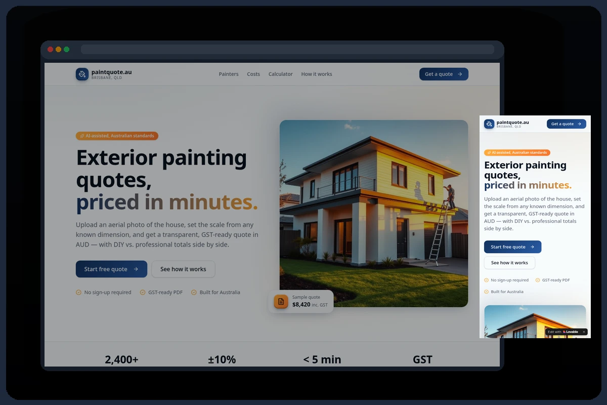 Desktop and mobile preview of the live Paint Quote website