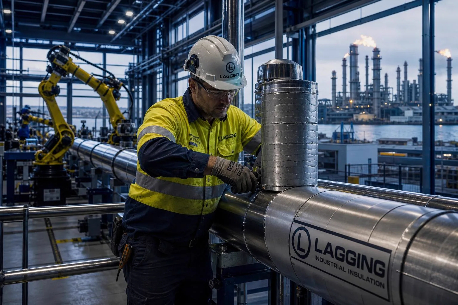 Illustrative generated image of metal-clad pipe insulation being installed in a robotic factory