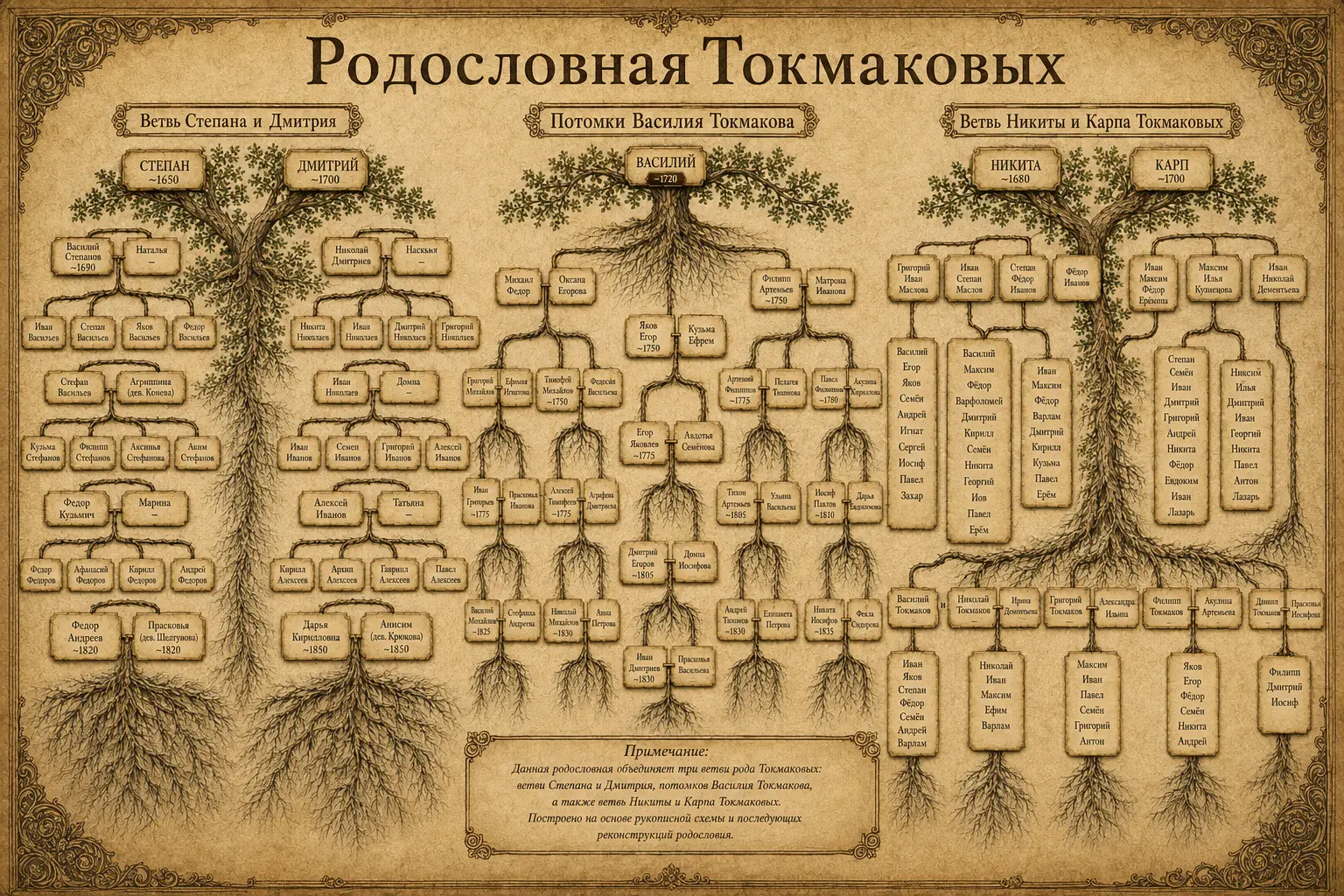 Illustrated Tokmakov family tree with branching generations