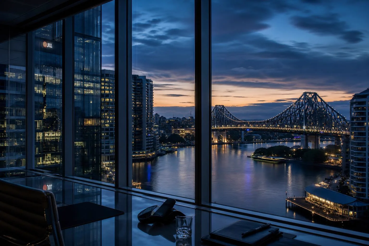 Generated view from a high-rise office on Eagle Street looking across the Brisbane River to the Story Bridge at dusk