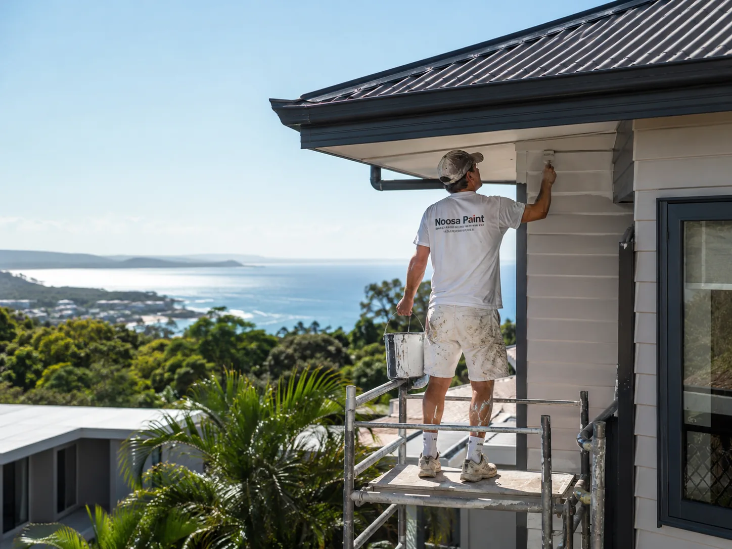 Illustrative generated image of a house painter working from scaffolding above a coastal view
