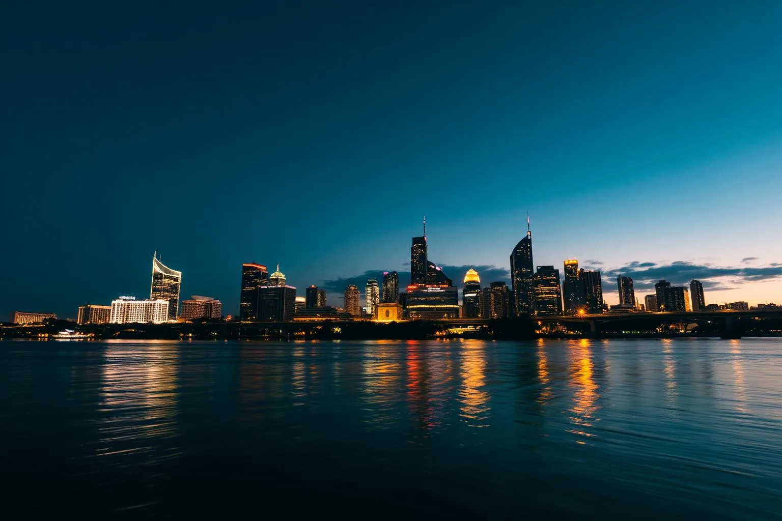 Illustrative generated image of the Brisbane skyline at dusk reflected in the river