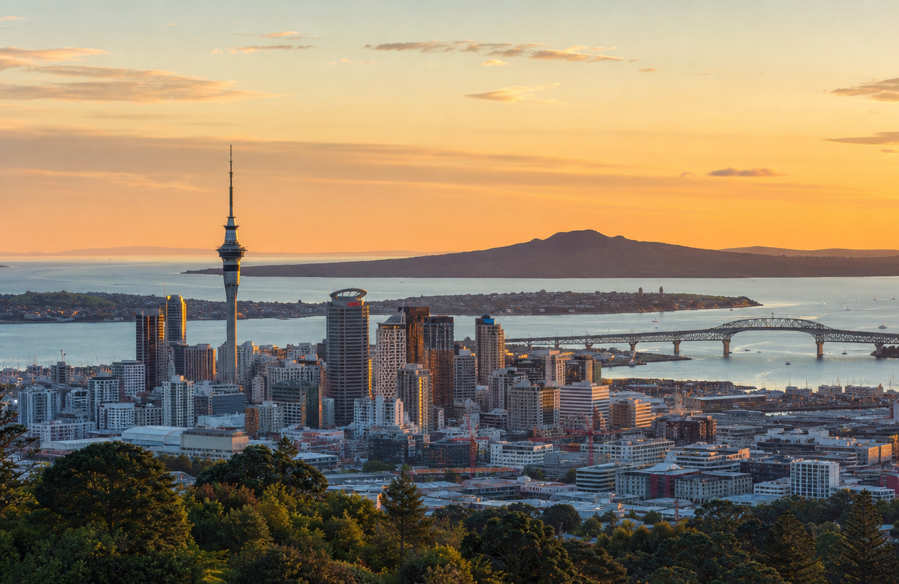 Illustrative generated image of the Auckland skyline at sunrise with Rangitoto Island across the harbour