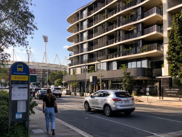 Generated Woolloongabba scene with an apartment building, bus stop and stadium