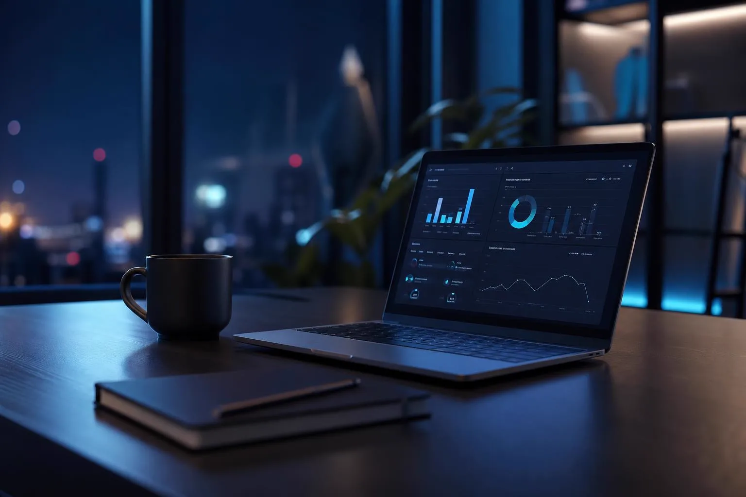 Illustrative generated image of a night-time home workspace with a laptop, notebook and desk lamp