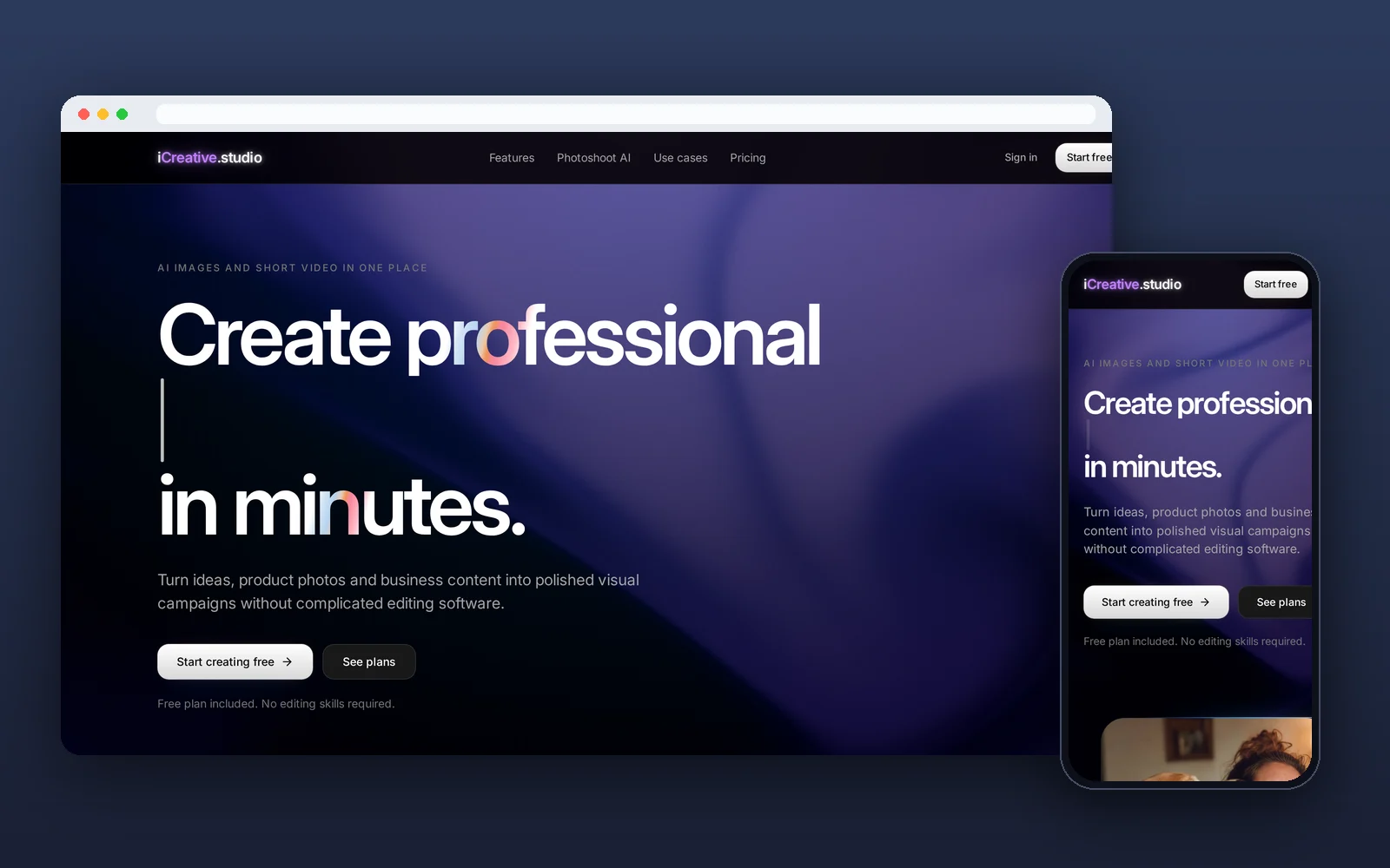 Desktop and mobile preview of the iCreative Studio website