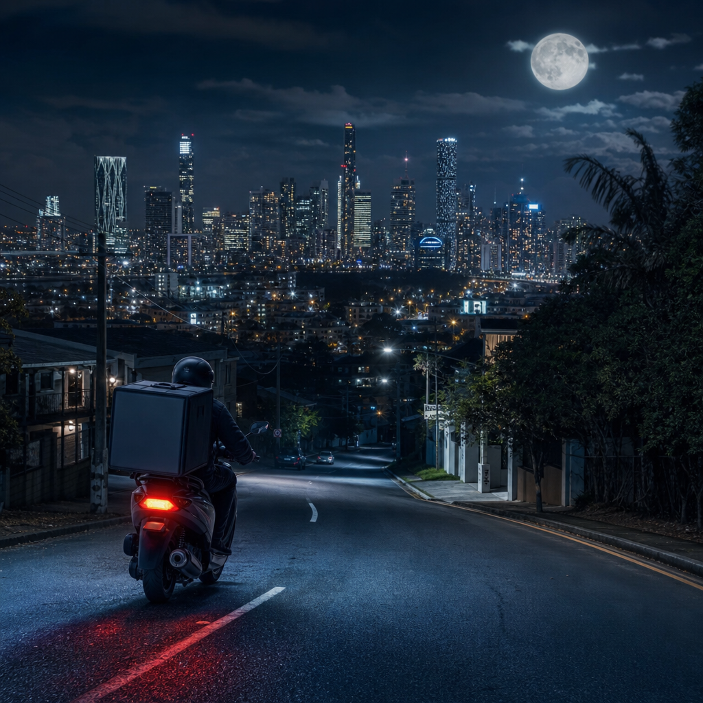 Illustrative generated image of a delivery rider on a scooter riding downhill toward the Brisbane CBD skyline at night with a full moon