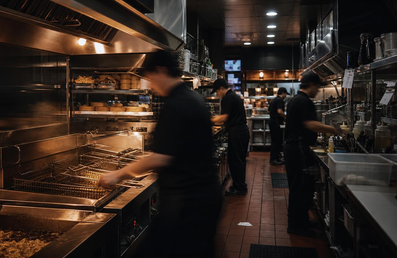 Illustrative generated image of a busy fast food kitchen with crew working at the fryers