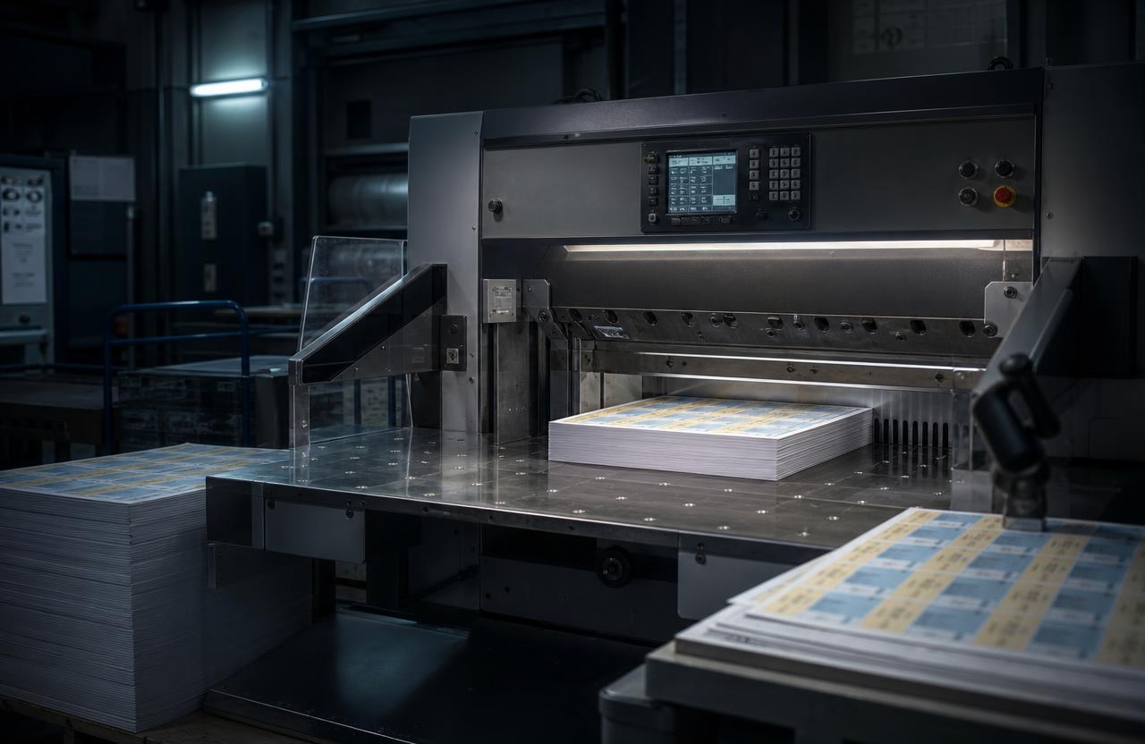 Illustrative generated image of a large industrial guillotine cutting stacks of printed sheets
