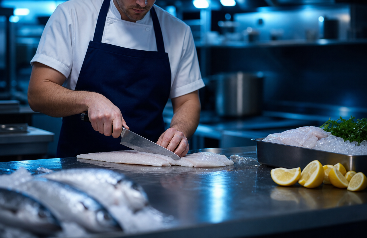 Illustrative generated image of a kitchen hand cutting fresh fish fillets on a stainless steel prep bench