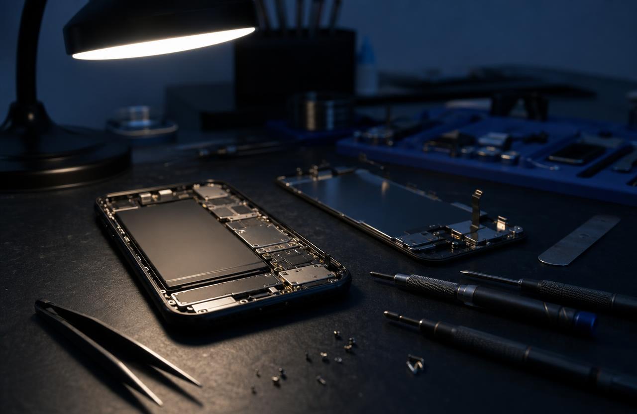 Illustrative generated image of a phone repair bench with a disassembled smartphone and tools