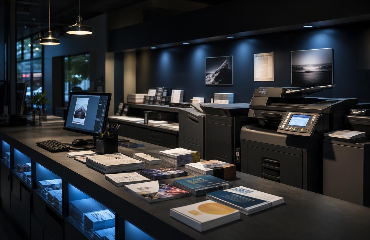 Illustrative generated image of a retail print and copy centre counter with production copiers