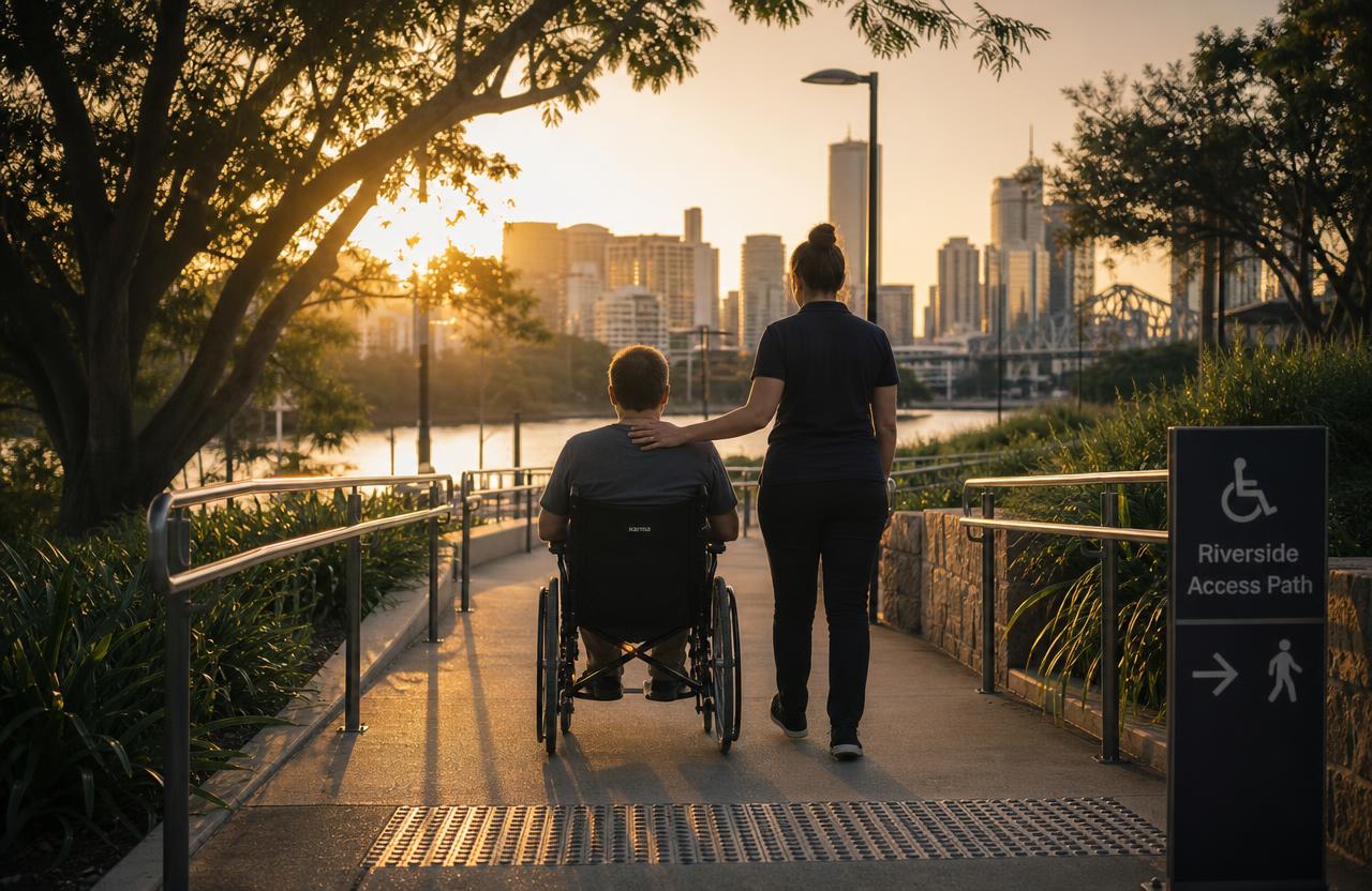 Illustrative generated image of a support worker walking with a person using a wheelchair on a Brisbane riverside path