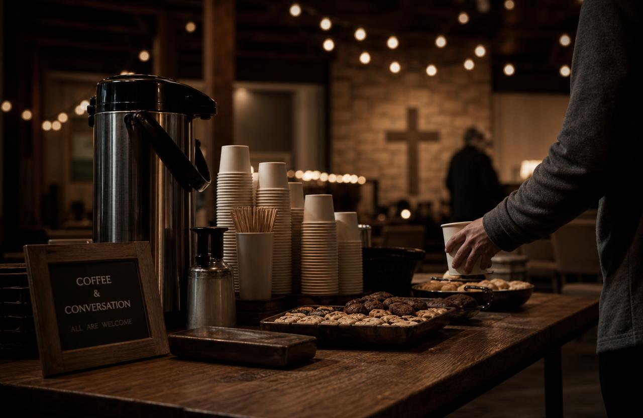 Illustrative generated image of a community coffee station in a church hall