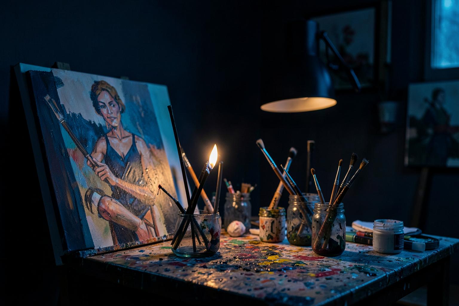 Illustrative generated image of a home art studio at night with a painting on an easel and brushes in jars
