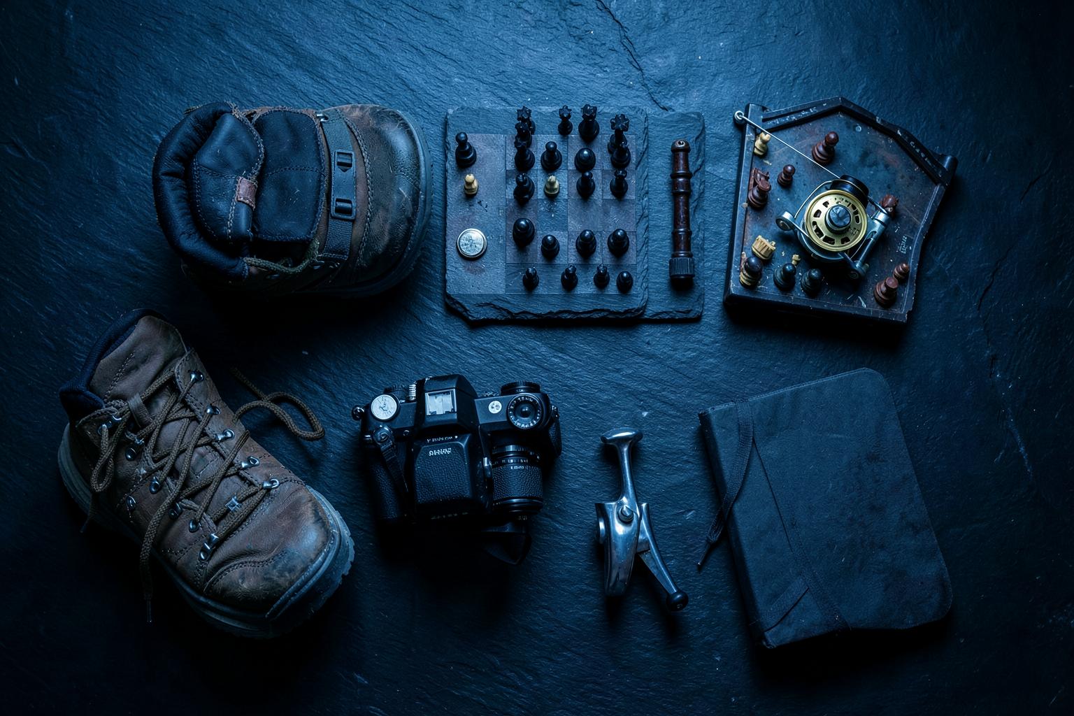 Illustrative generated flat-lay image of hiking boots, a camera, a chess set and a notebook on dark slate