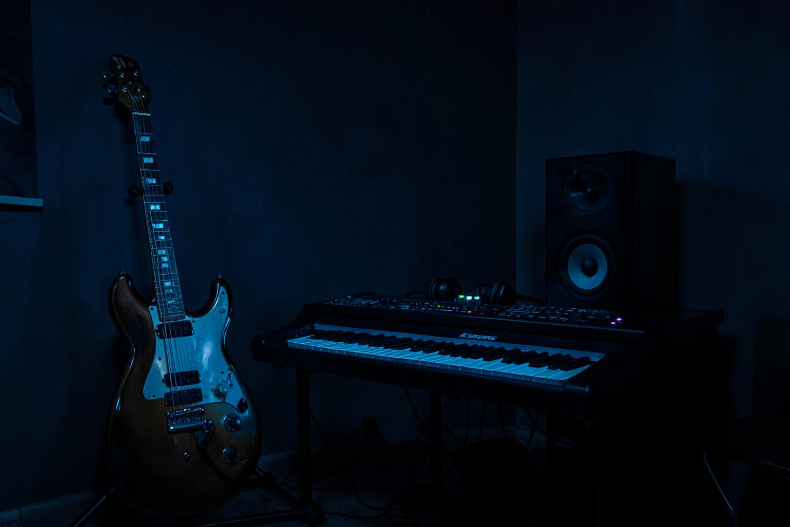 Illustrative generated image of a home music corner with an electric guitar, keyboard and studio monitors