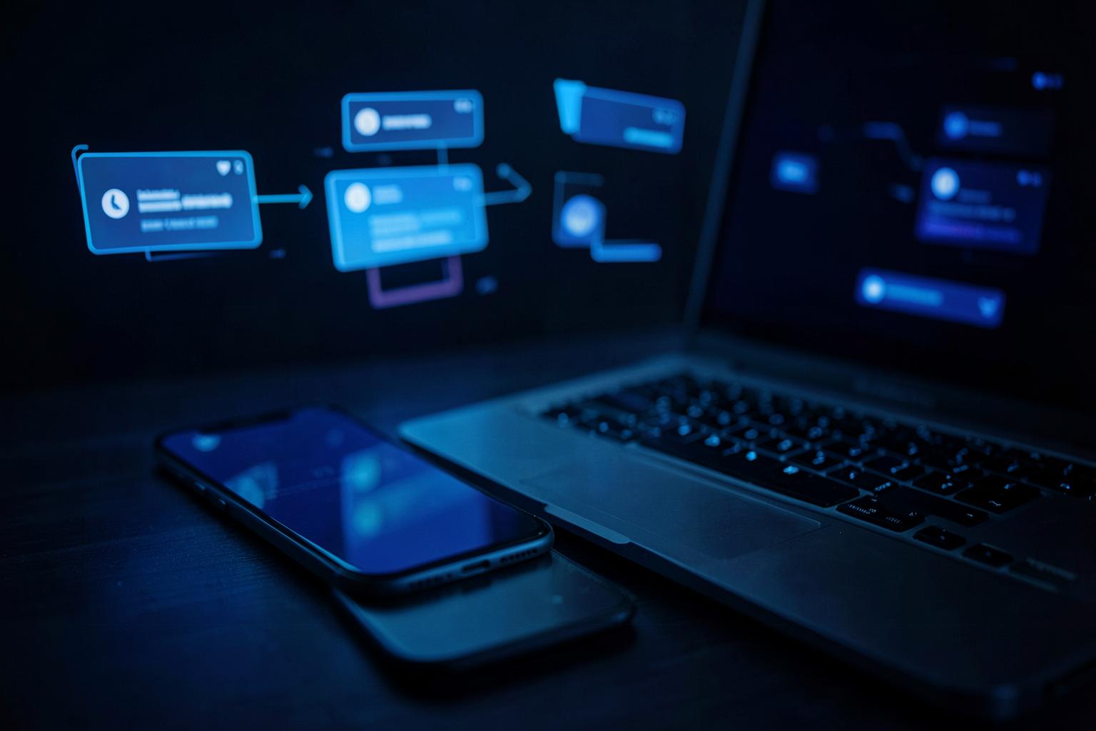 Illustrative generated image of a phone and laptop showing glowing social feed cards at night