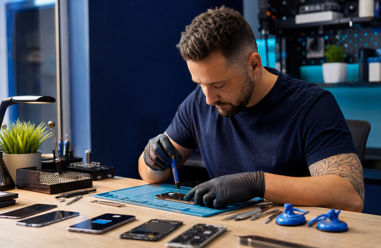Illustrative generated image of a phone repair business owner working on smartphones at a clean repair bench